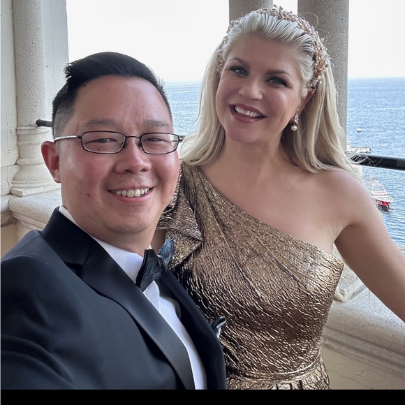 MacDuggal Asymmetric Metallic Tea-Length Dress Size 4 - Picture 4 of 5